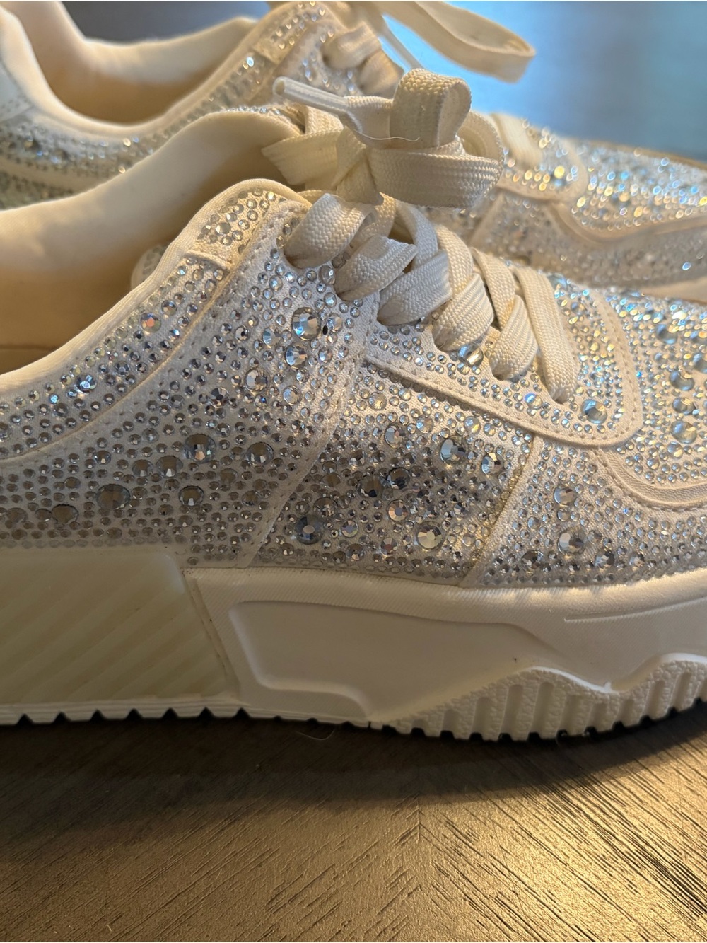 Women's White Crystal Embellished Platform Sneakers